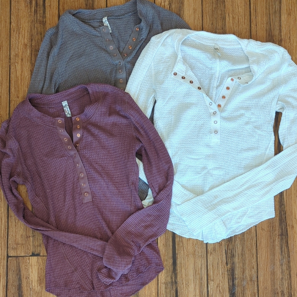 Free People Long Sleeve Henley Tops - Cream, Purple, Gray